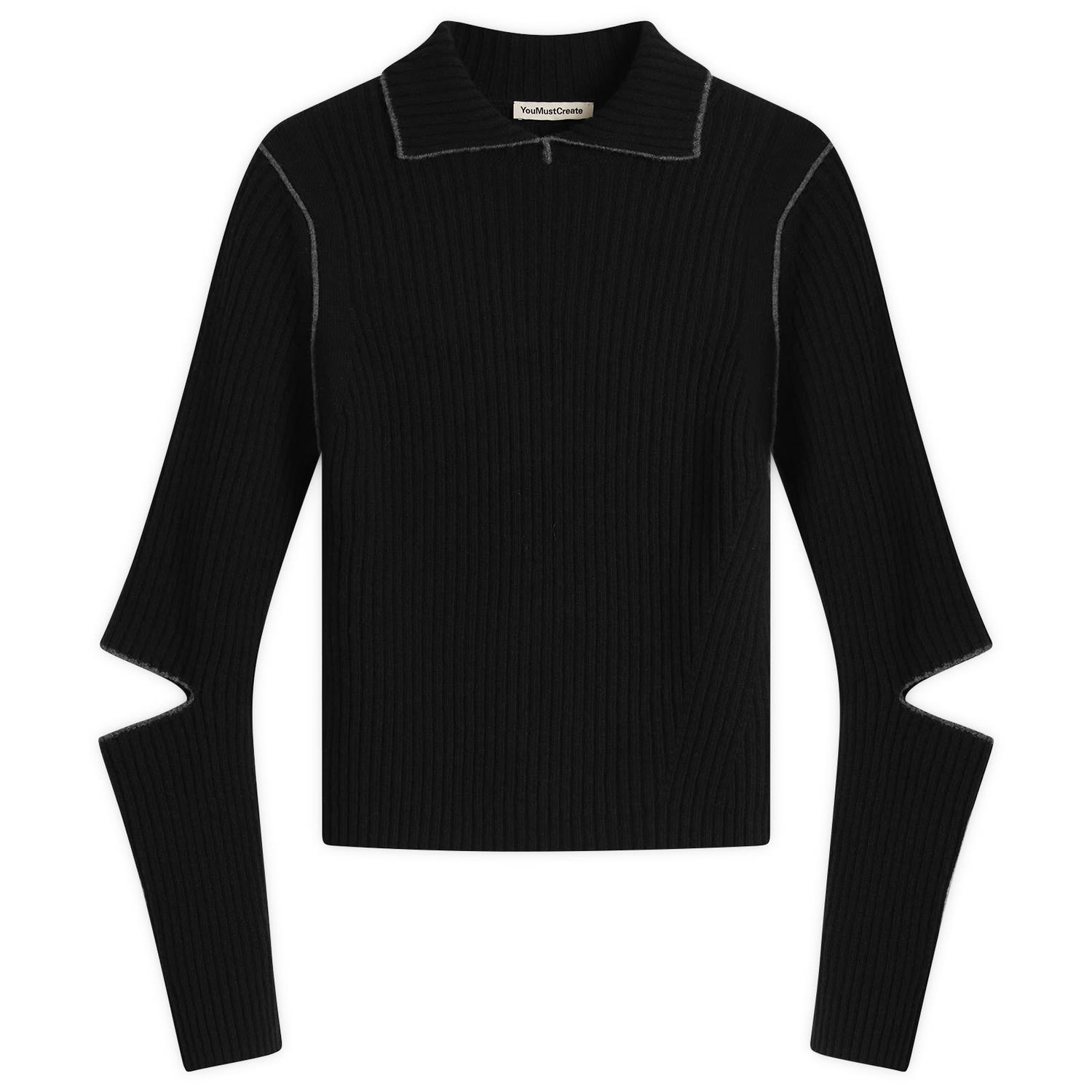 Пуловер YMC Peeka Ribbed Knit Top with Collar and Cut-Out Sleeves Черно | Q8ZML-BLK, 1