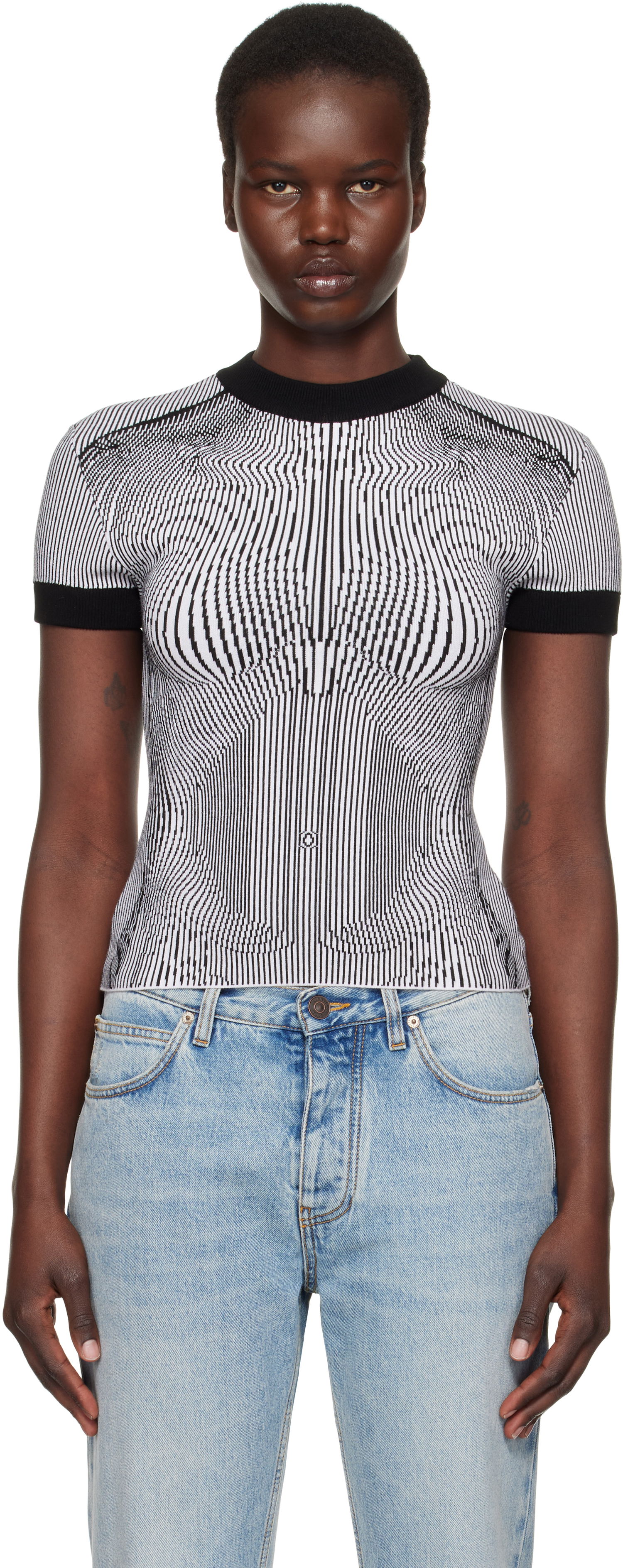 Пуловер Jean Paul Gaultier Jean Paul Gaultier Morphing Pinstripes Jacquard T-Shirt Черно | 25/33-F-TS110-M084-0100, 0
