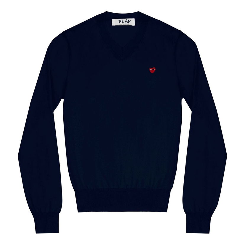 Пуловер Comme des Garçons COMME des GARCONS PLAY Long Sleeve V-Neck Sweater with Red Heart Emblem Тъмно синьо | AZ-N051-051-2