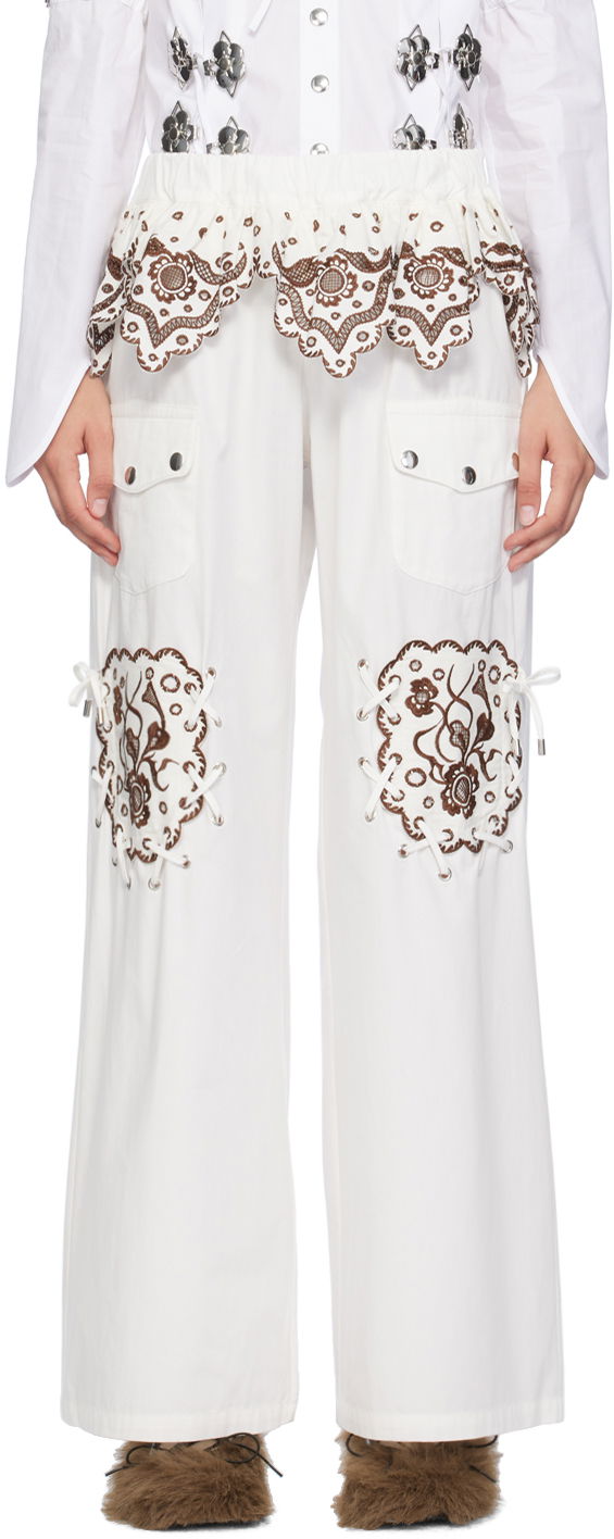 Карго панталони Chopova Lowena Chopova Lowena Lansky Embroidered Wide-Leg Trousers Бяло | 4073