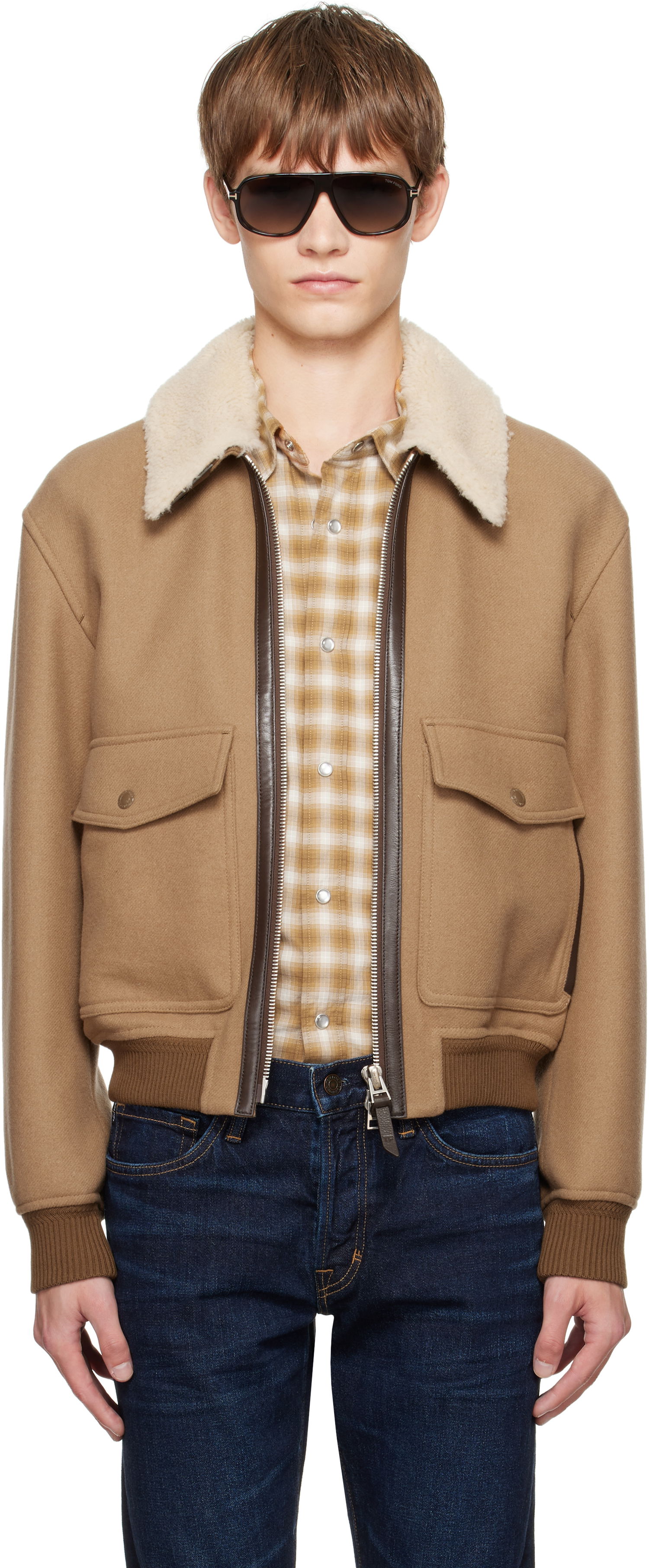 Яке бомбър Tom Ford TOM FORD Double Splittable Shearling Collar Bomber Jacket Кафяво | OBH002-FMW058, 0