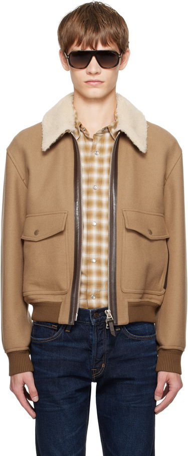 Яке бомбър Tom Ford TOM FORD Double Splittable Shearling Collar Bomber Jacket Кафяво | OBH002-FMW058, 0