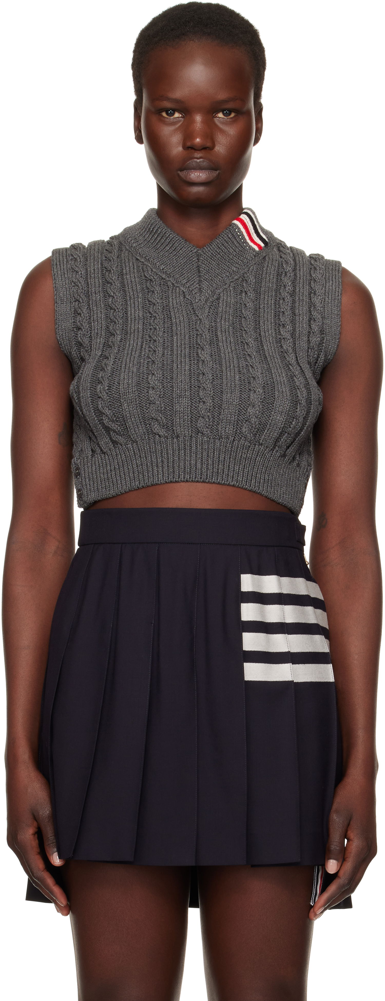 Пола Thom Browne Cable Cropped V-Neck Vest Синьо | FKV202A-Y1024, 0