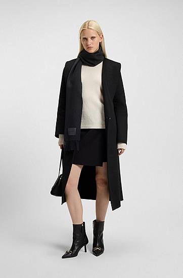 Шал BOSS Italian-made wool scarf with woven logo patch Черно | 50517683, 1