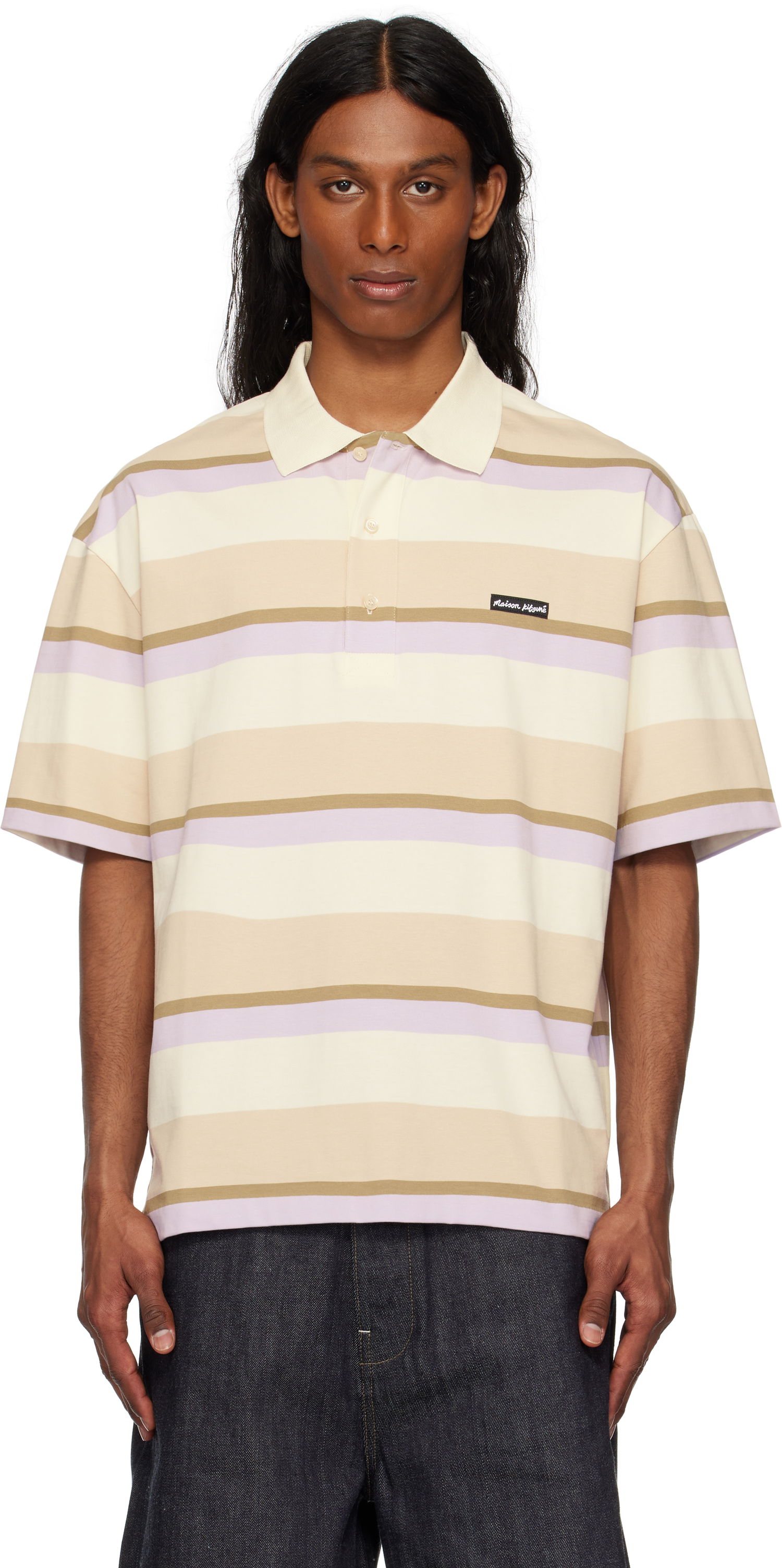 Поло тениска MAISON KITSUNÉ Maison Kitsuné Striped Oversize Polo Бежово | OM00206KJ7019, 0