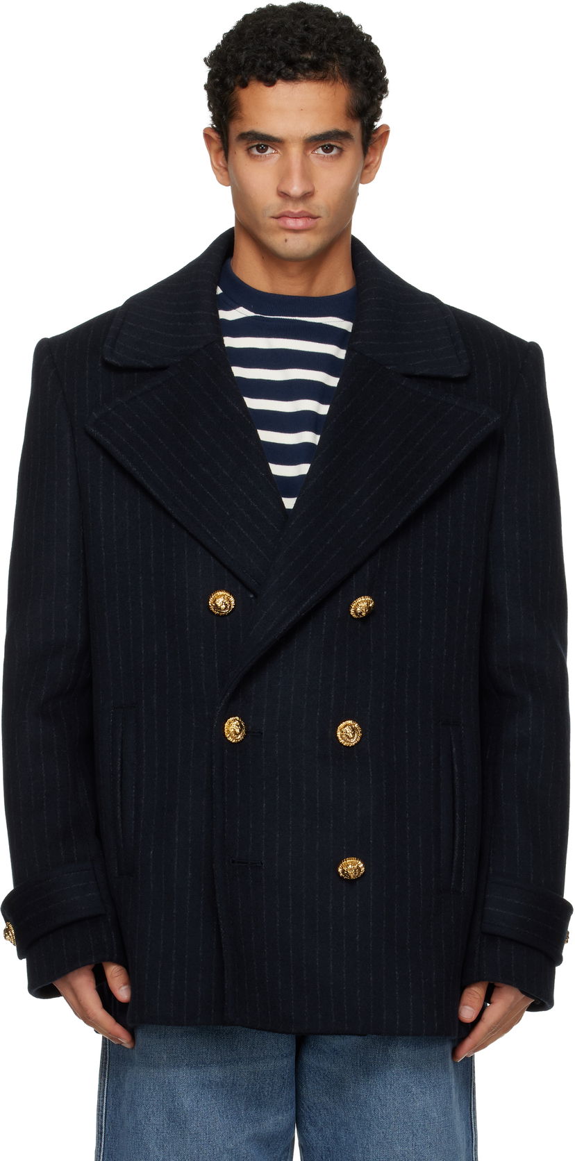 Палта Balmain Short Striped Wool Pea Coat Тъмно синьо | FH0UA155WC87
