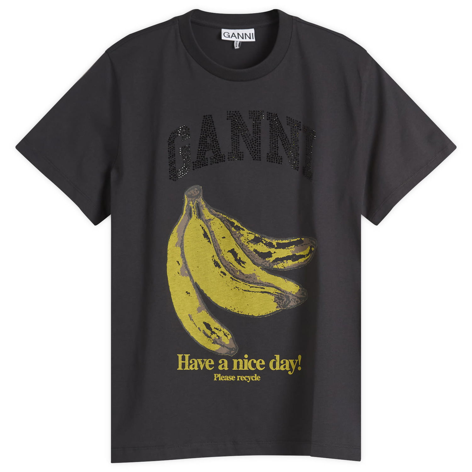 Тениска GANNI GANNI Banana Print T-Shirt with Rhinestones Черно | T4238-252, 0