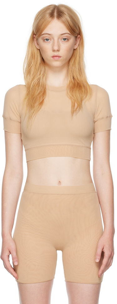 Съкратен топ SKIMS SKIMS Summer Mesh T-Shirt Бежово | Ap-tsh-1633, 0