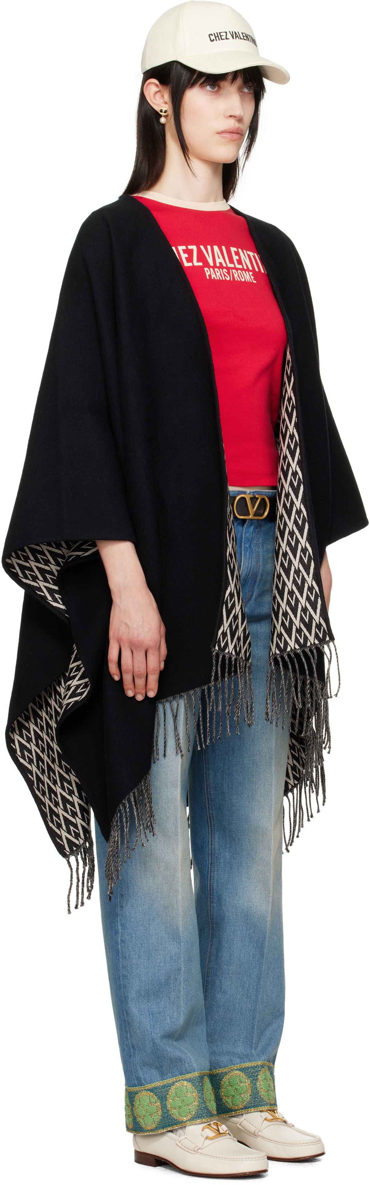Съкратен топ Valentino Valentino Garavani Double Toile Iconographe Fringed Cape Червено | 6W2EG019LJX, 1