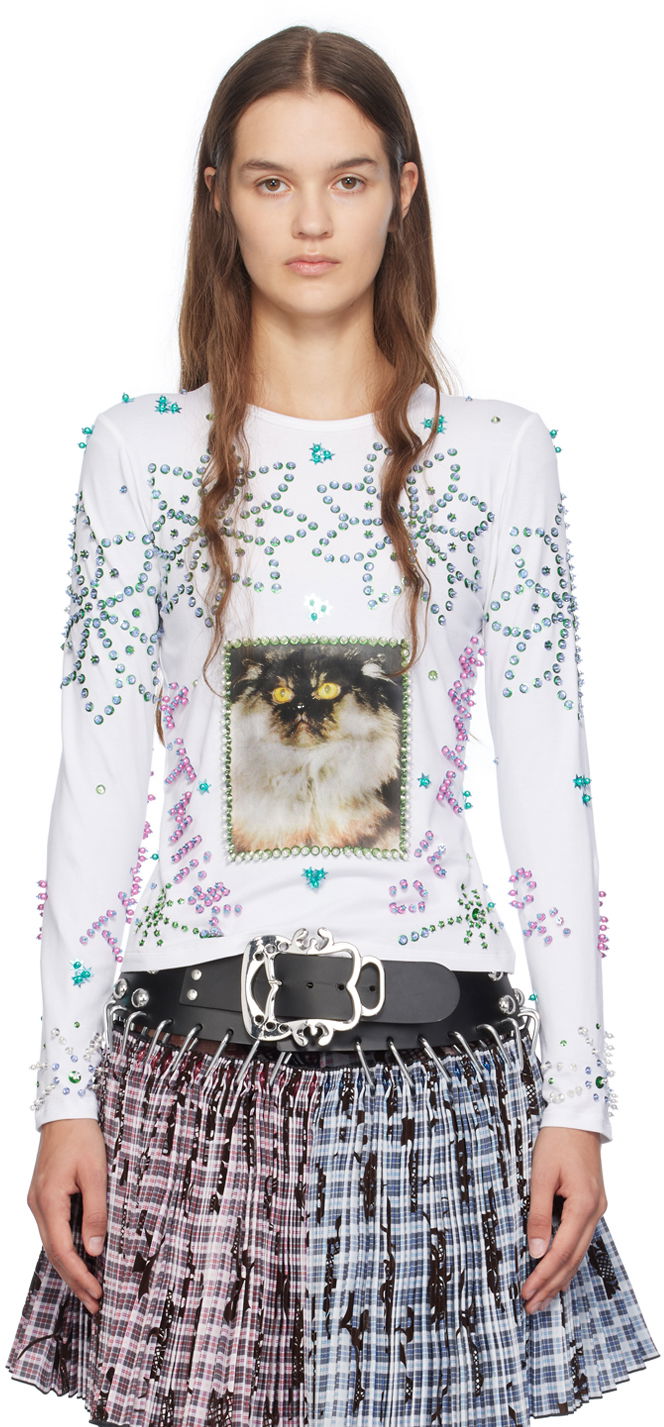 Тениска Chopova Lowena Chopova Lowena Kitty Beaded Long Sleeve T-Shirt Бяло | 2247