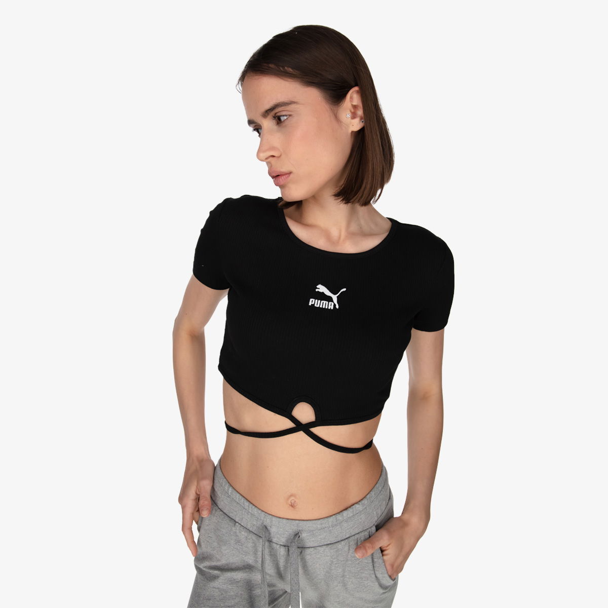 Съкратен топ Puma Classics Ribbed Cropped Short Sleeve Tie-Front Top Черно | 533450-01, 0