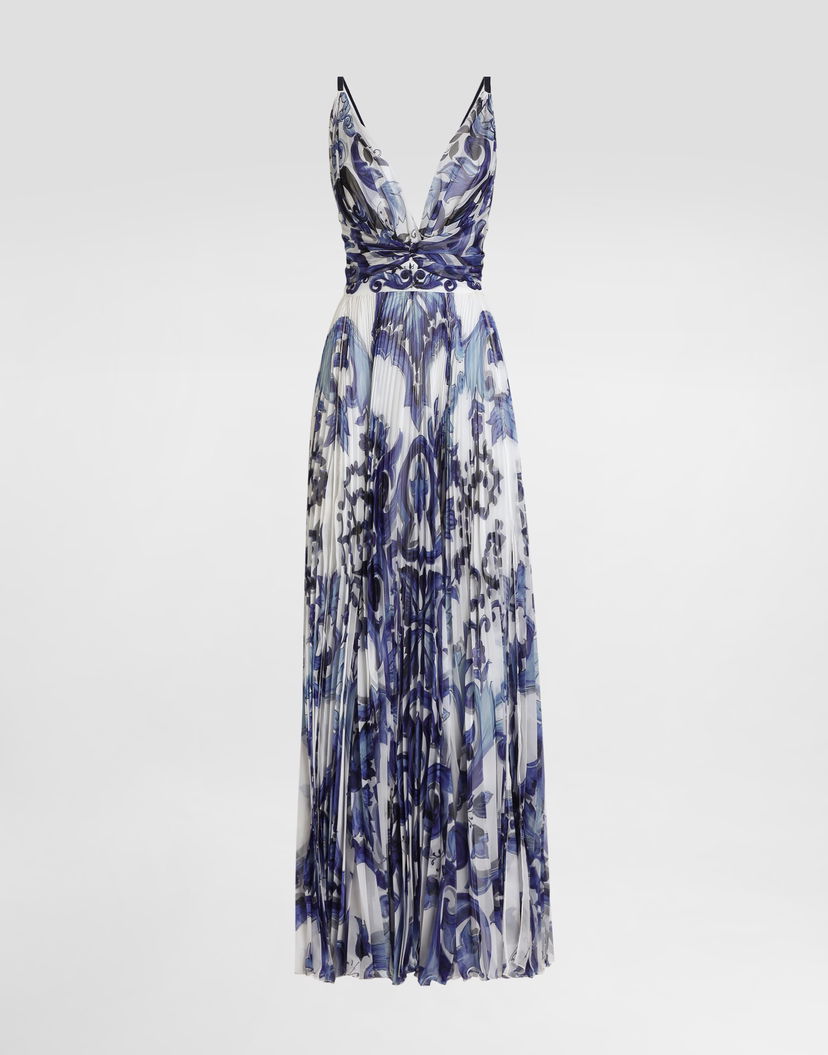 Pокля Dolce & Gabbana Dolce & Gabbana Majolica-Print Pleated Chiffon Dress Синьо | I6KH6WFSSK7HX3TN