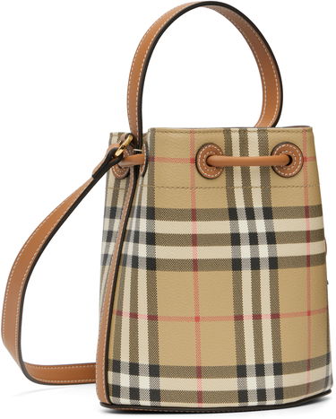Дамска чанта Burberry Burberry Vintage Check & Leather Drawstring Bucket Bag Бежово | 8109794, 2