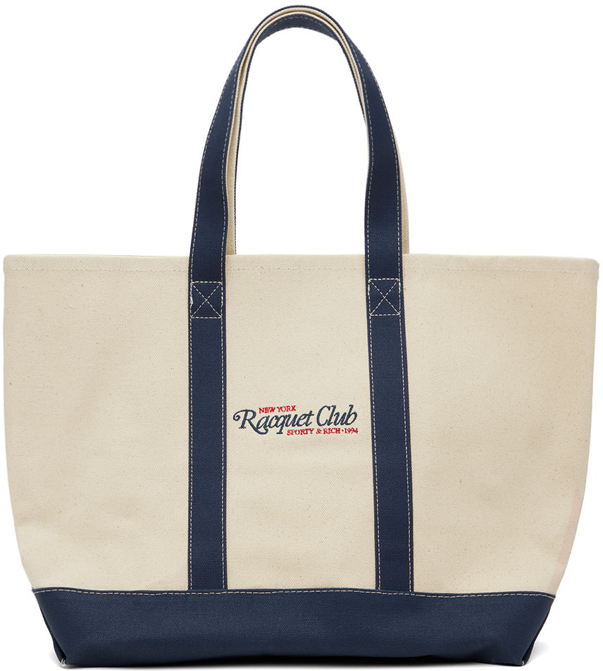 Голяма пазарска чанта Sporty & Rich Off-White & Navy 94 Racquet Club Two Tone Tote Бежово | BA001S406RN, 0