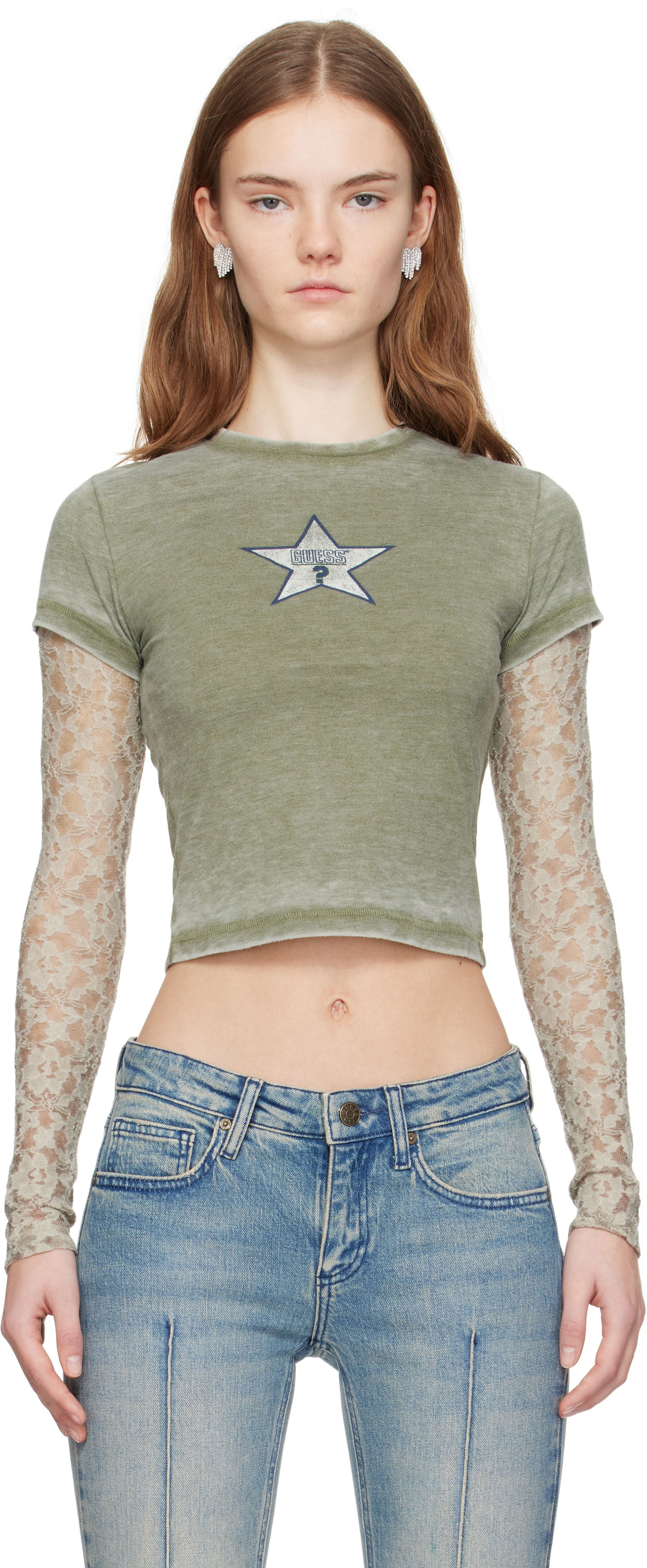 Съкратен топ GUESS GUESS Vintage Lace Crop T-Shirt Зелено | W4BP02KBB50, 0