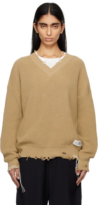 Пуловер Maison Margiela MM6 Maison Margiela Eaten Knit V-Neck Sweater Бежово | SH0HN0001 M13089, 0