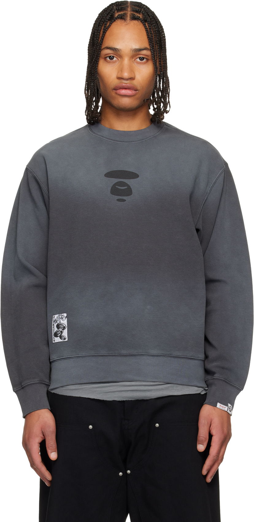 Суитчър AAPE by A Bathing Ape Moonface Diagonal Ribbed Crew Neck Sweatshirt Сиво | AAPSWMC381XXPBKL