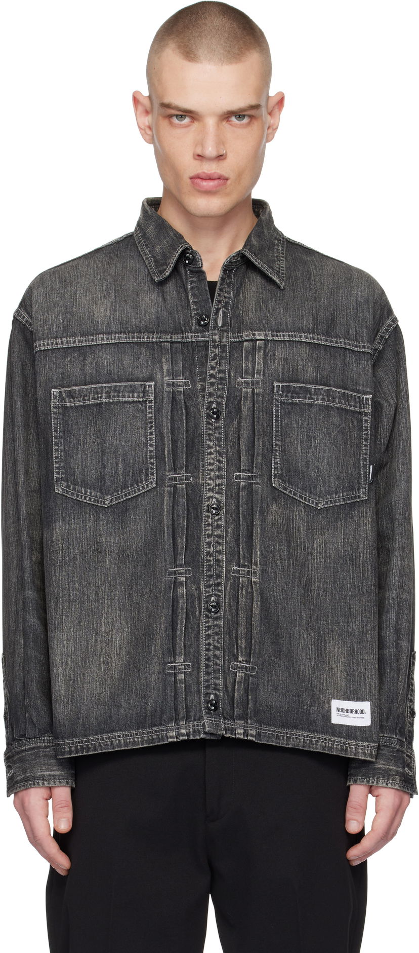 Риза Neighborhood Washed Denim Long Sleeve Shirt Черно | 242SPNH-SHM06