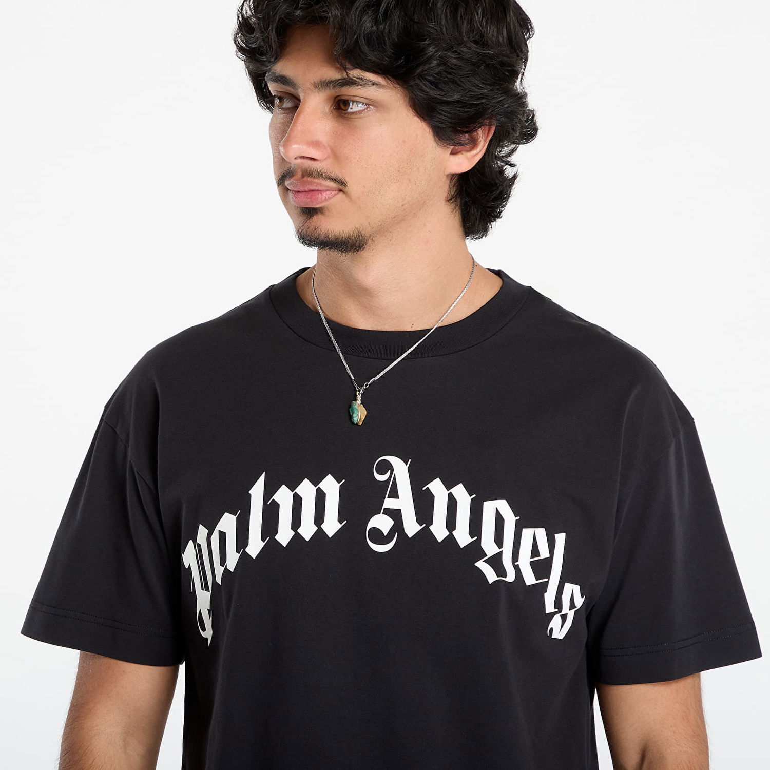 Тениска Palm Angels Palm Angels Curved Logo Regular T-Shirt Черно | PMAA109F25JER0031003, 1
