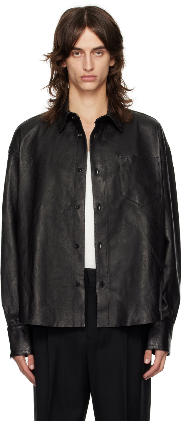 Яке AMI Paris Black Boxy Fit Leather Jacket Черно | UJK246.LH0044, 0