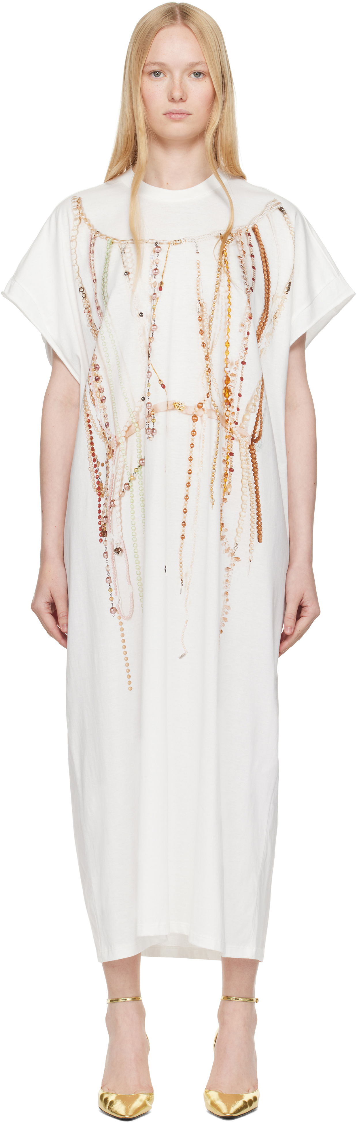 Pокля Maison Margiela MM6 Maison Margiela Jersey Midi Dress with Beaded Graphic Бяло | S62DG0049 M20118, 0