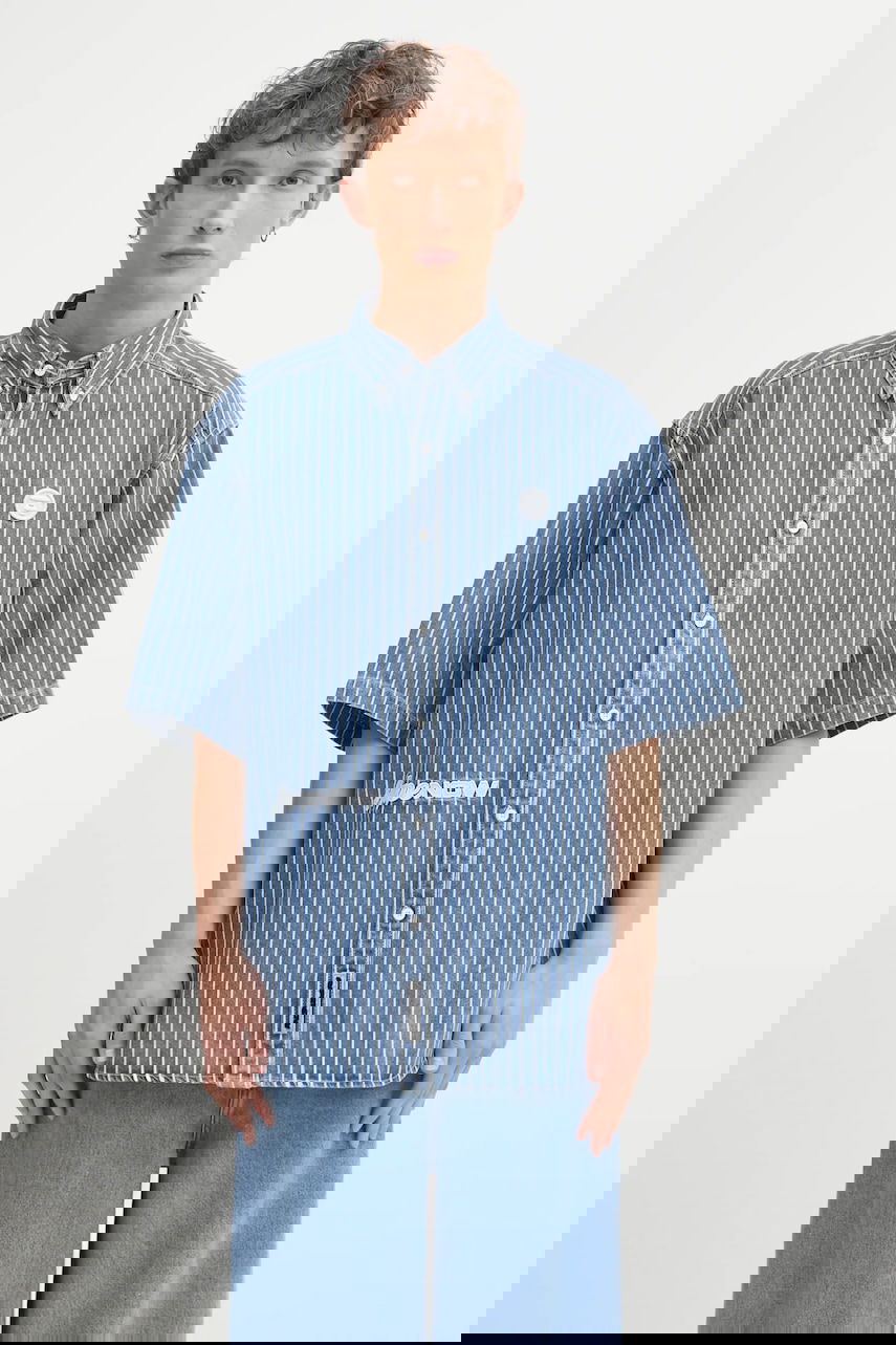 Риза AAPE by A Bathing Ape Relaxed Fit Short-Sleeved Striped Denim Button-Down Shirt Синьо | AAPSRM8515XAO, 0