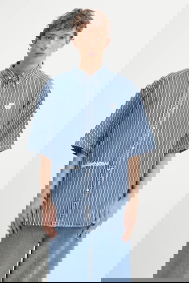 Риза AAPE by A Bathing Ape Relaxed Fit Short-Sleeved Striped Denim Button-Down Shirt Синьо | AAPSRM8515XAO, 0