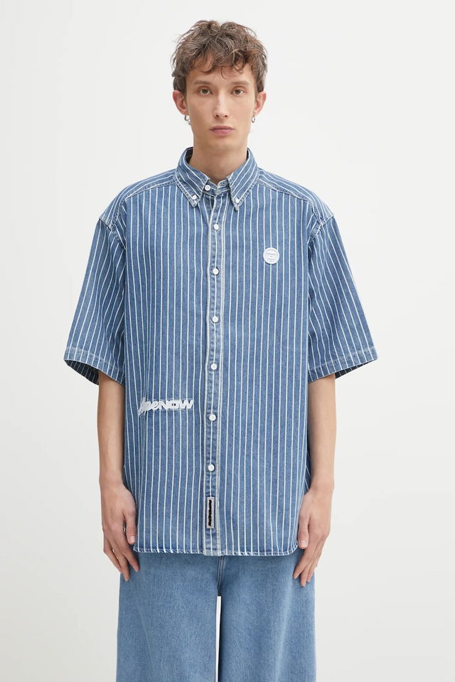 Relaxed Fit Short-Sleeved Striped Denim Button-Down Shirt