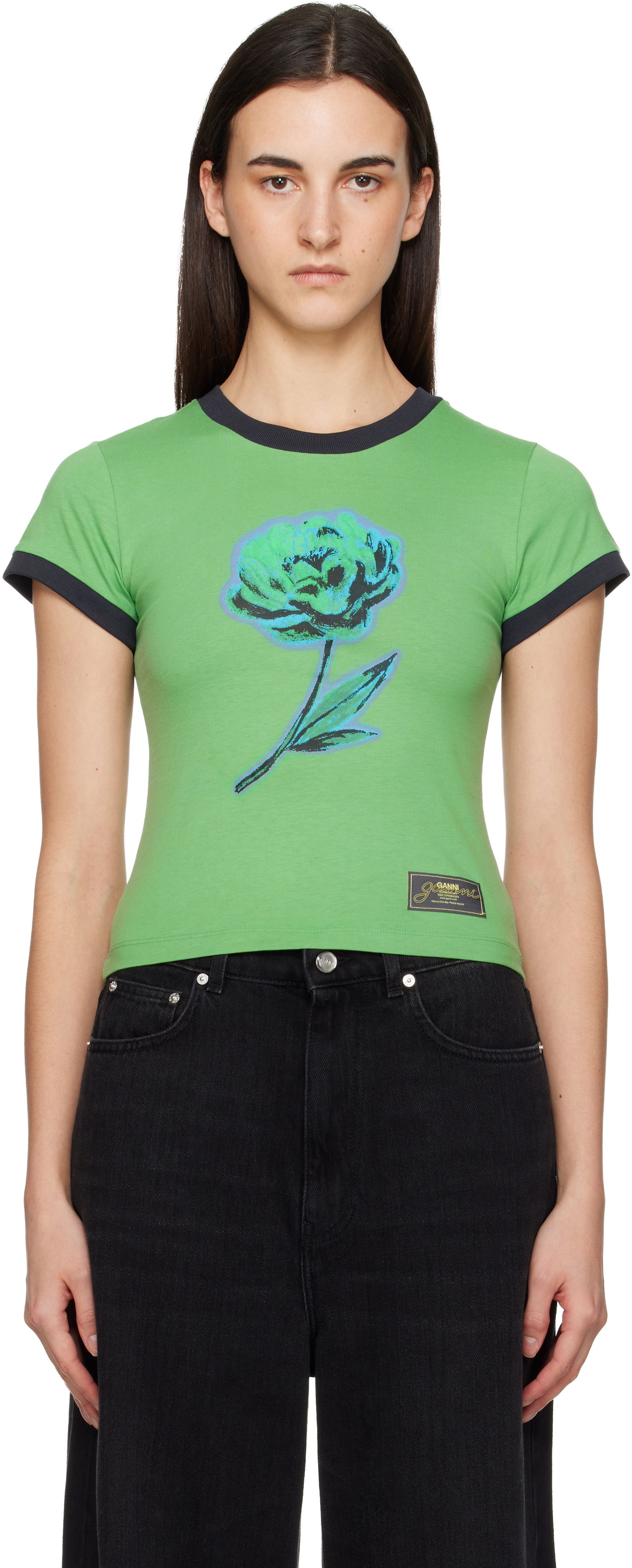 Тениска GANNI Basic Cotton Jersey Peony Baby Fit T-shirt Зелено | T4227, 0