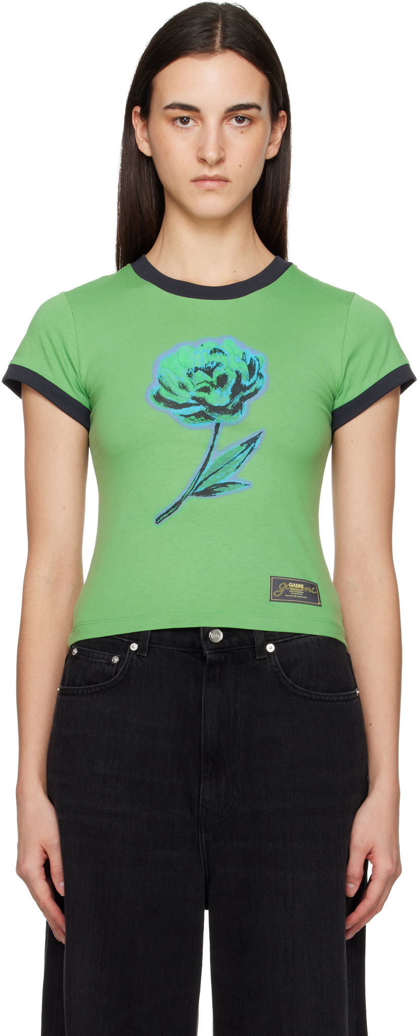 Тениска GANNI Basic Cotton Jersey Peony Baby Fit T-shirt Зелено | T4227