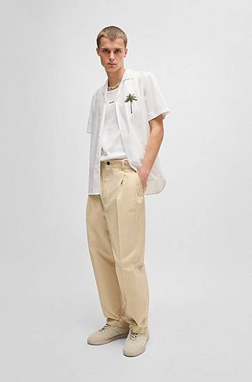 Риза BOSS Relaxed-Fit Cotton Shirt with Palm-Tree Print Бяло | 50540153, 1