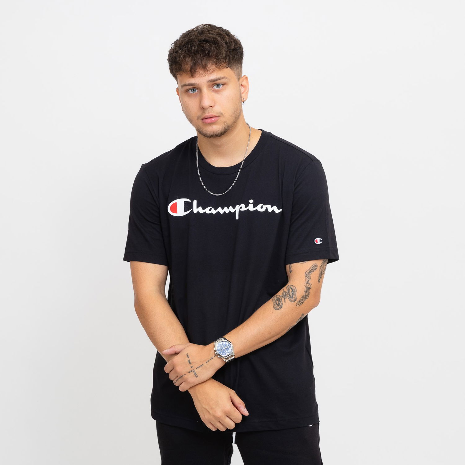 Тениска Champion Script Logo Crewneck T-Shirt Черно | 219206-KK001, 0