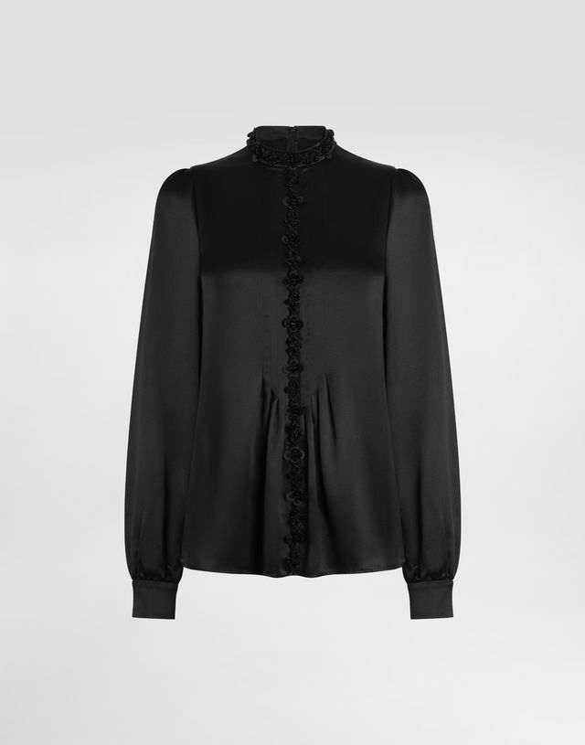 Dolce & Gabbana Silk Satin Rosette Embellished High-Neck Blouse