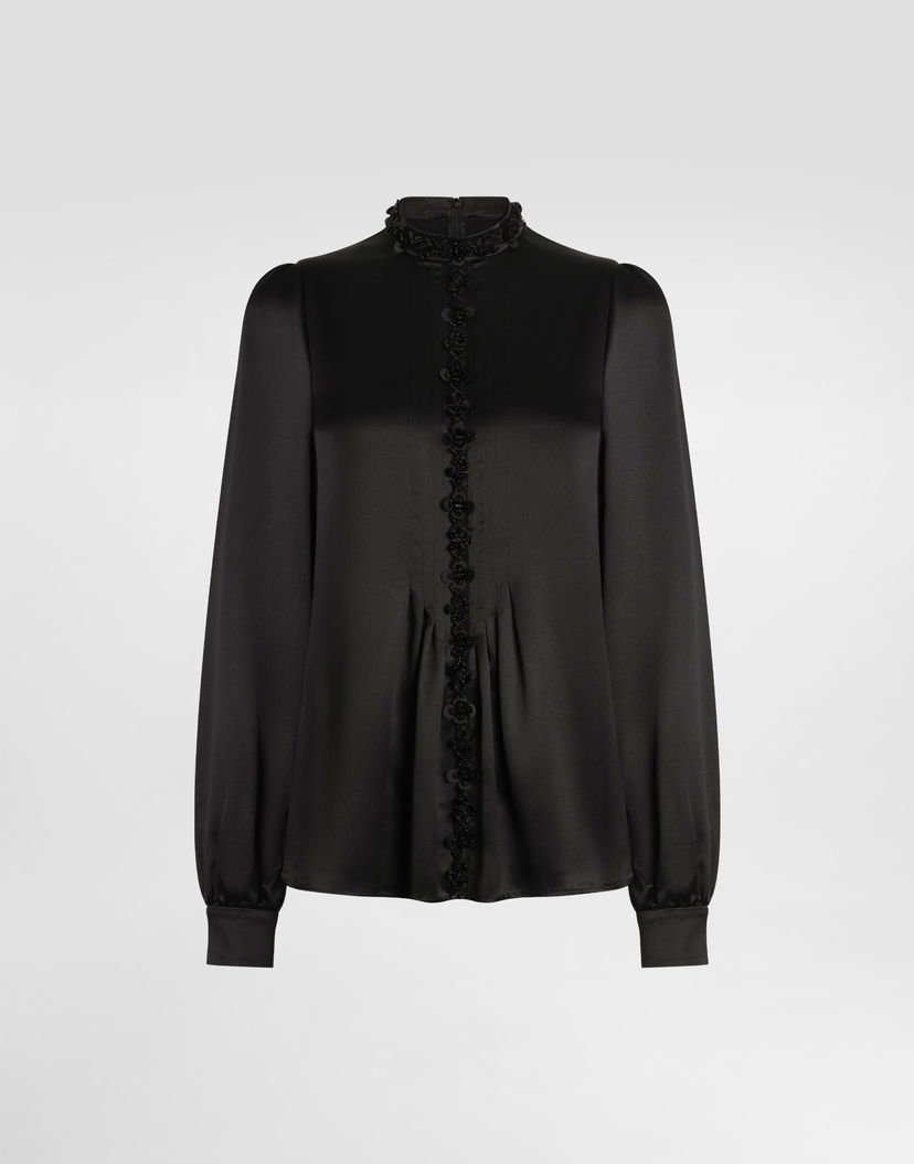 Риза Dolce & Gabbana Dolce & Gabbana Silk Satin Rosette Embellished High-Neck Blouse Черно | F7BA6ZFU1AUN0000