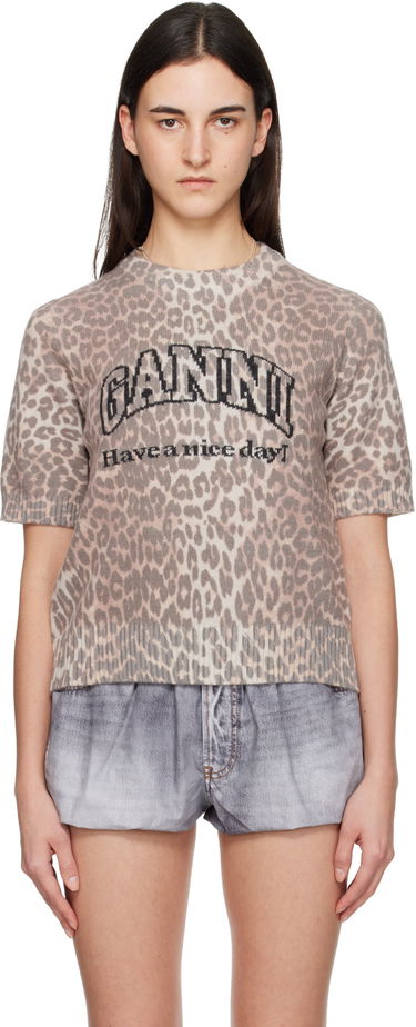 Тениска GANNI GANNI Leopard Print Short-Sleeve Knit Graphic T-shirt Многоцветен | K2500, 0