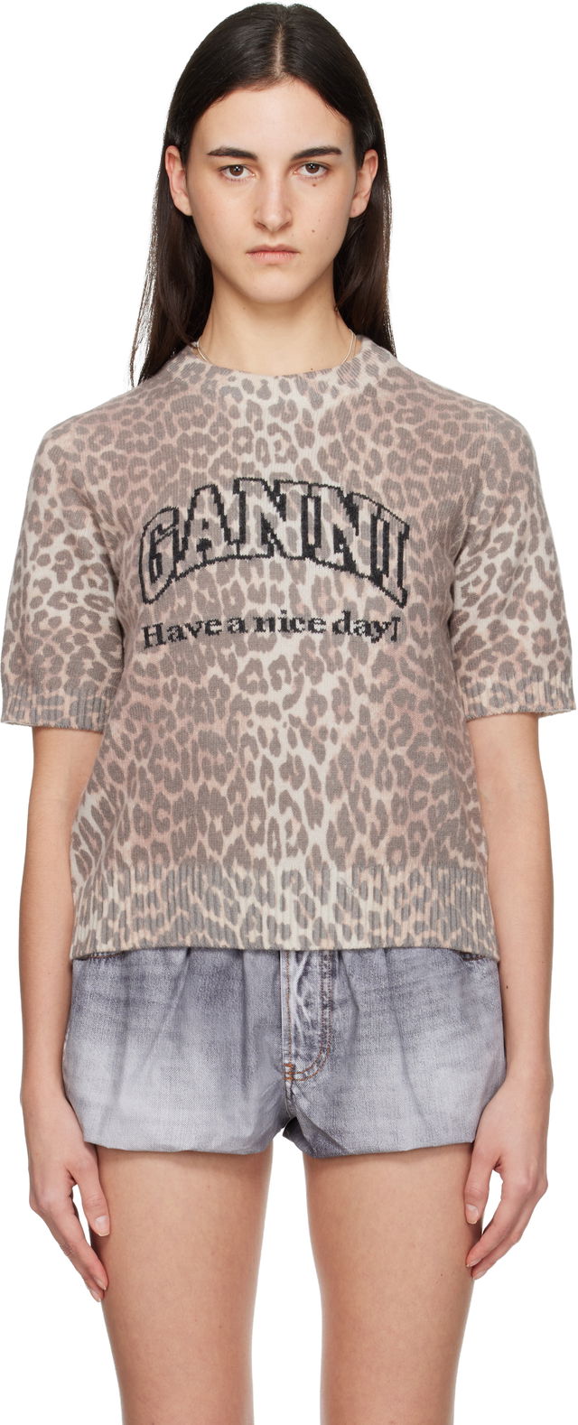 GANNI Leopard Print Short-Sleeve Knit Graphic T-shirt
