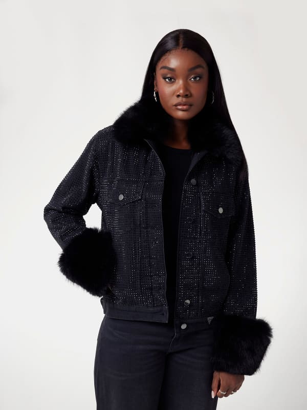 Яке GUESS Faux Fur Trim Rhinestone Denim Jacket Черно | W4BN48D5HM1, 0