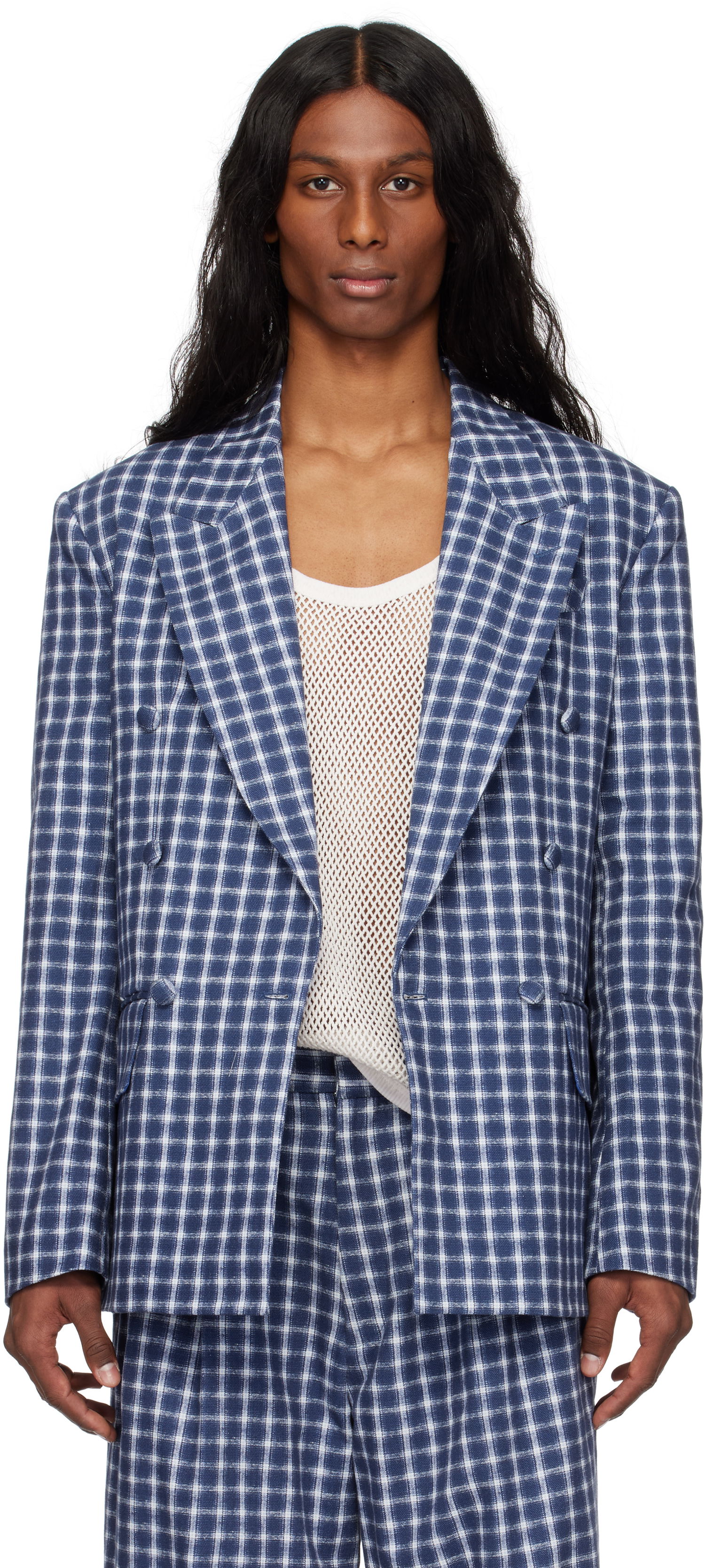 Яке ERL ERL Check Double-Breasted Blazer Синьо | ERL10J038, 0