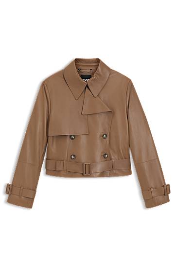 Яке BOSS Leather Trench Jacket with Tie Belt Кафяво | 50541289