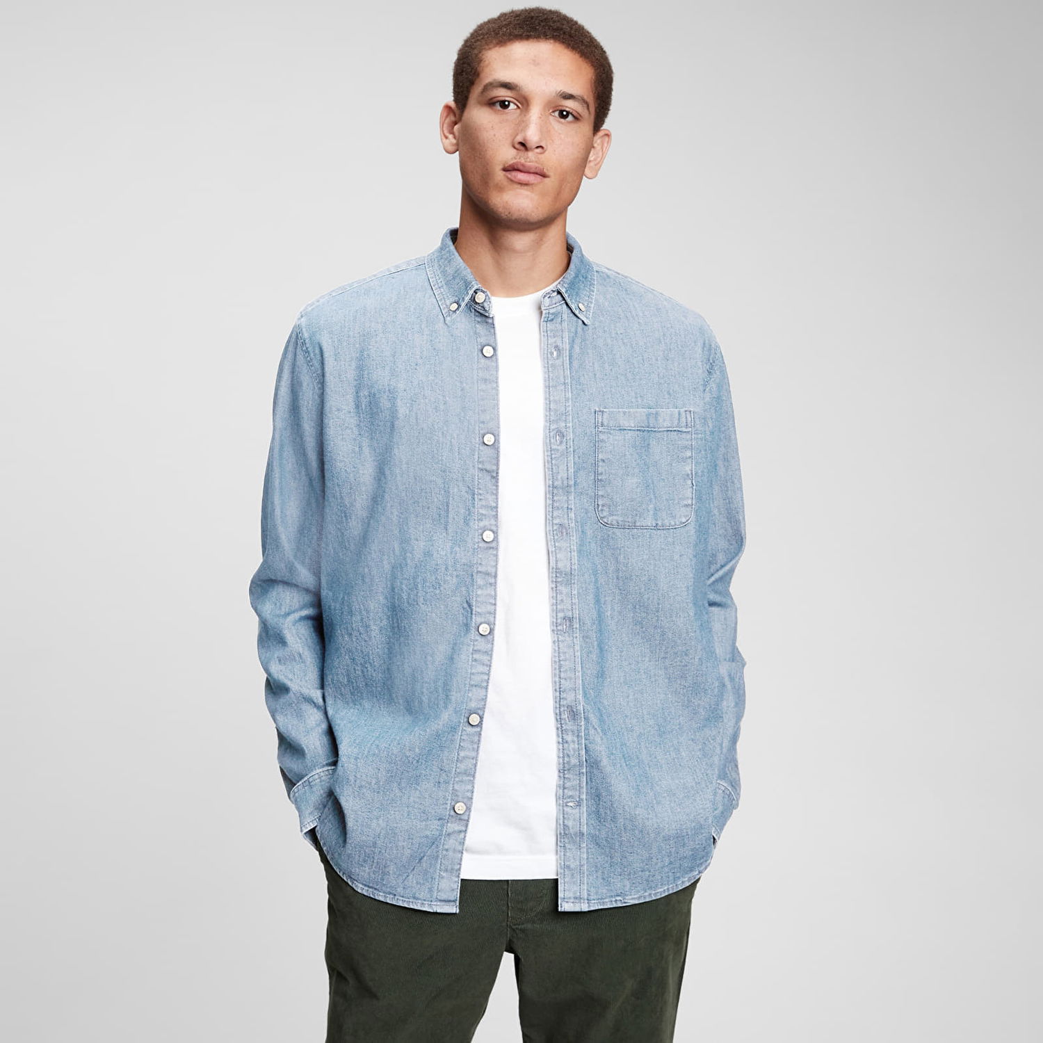 Риза GAP Longsleeve Pocket Denim Shirt Light Indigo 6 Синьо | 736872-01, 1