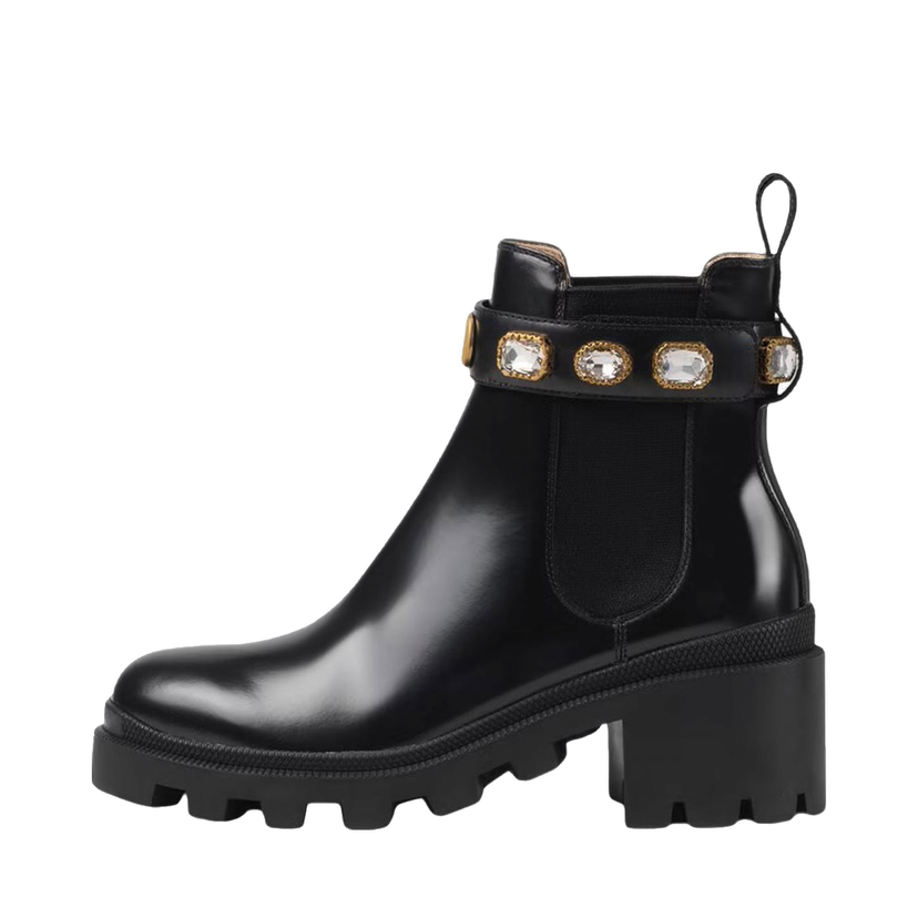 Кецове и обувки Gucci Crystal Belt 60mm Ankle Boot 'Black Leather' Черно | 550036 DKS00 1000
