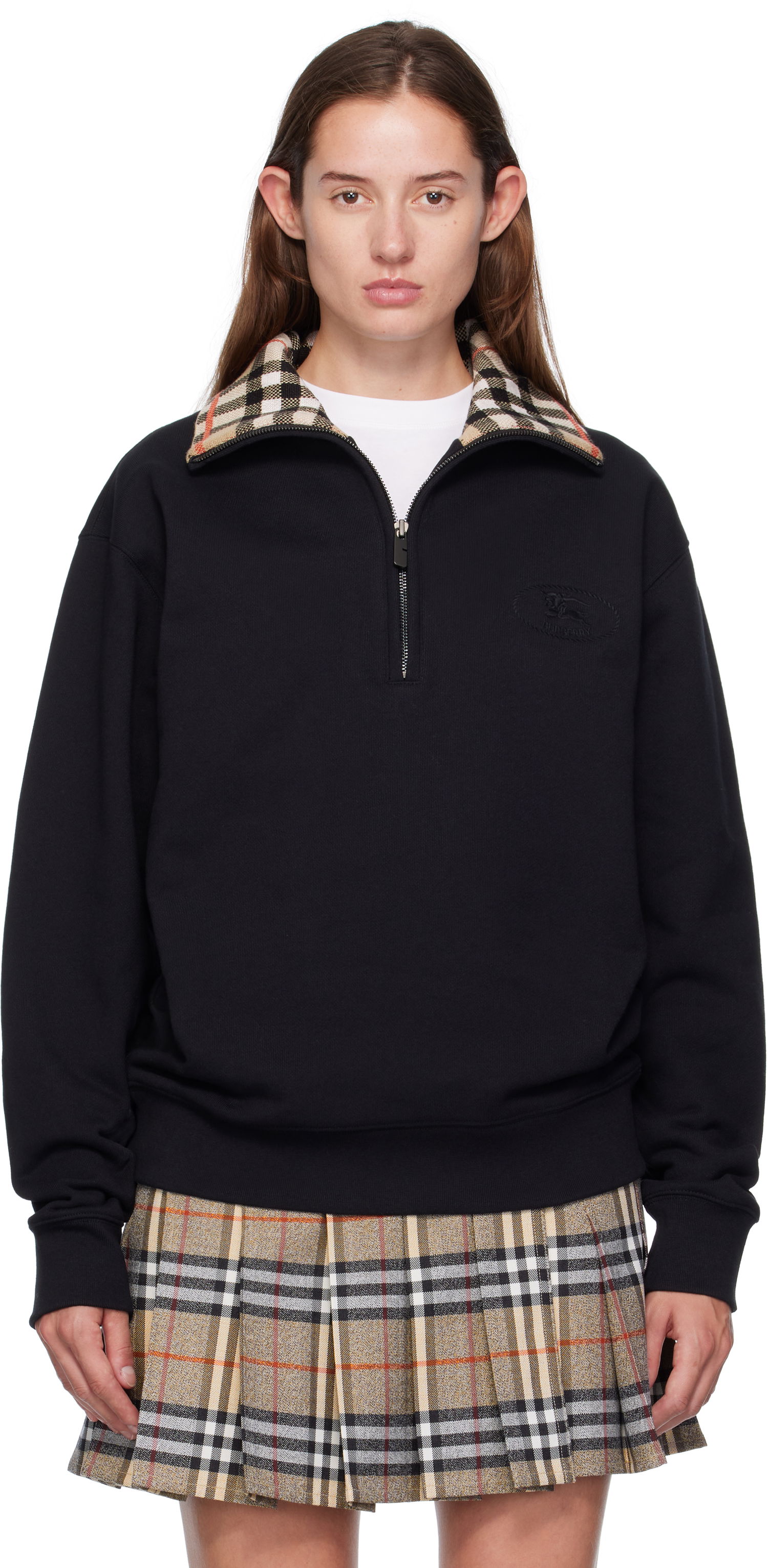 Суитчър Burberry Burberry Check Collar Quarter-Zip Sweatshirt Черно | 8109063, 0