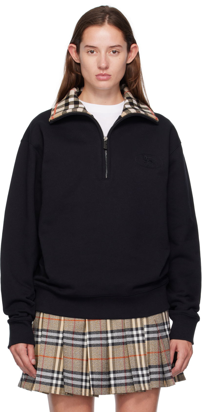Суитчър Burberry Burberry Check Collar Quarter-Zip Sweatshirt Черно | 8109063
