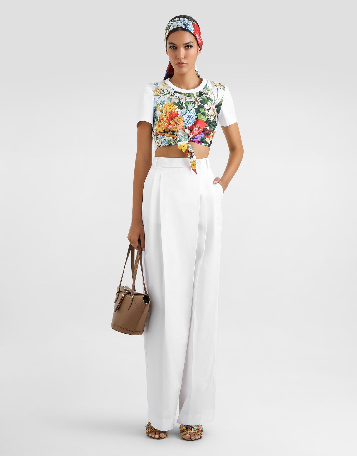 Съкратен топ Dolce & Gabbana Dolce & Gabbana Floral Tie-Front Crop T-Shirt Бяло | F8V75ZGDDCHW0800, 1