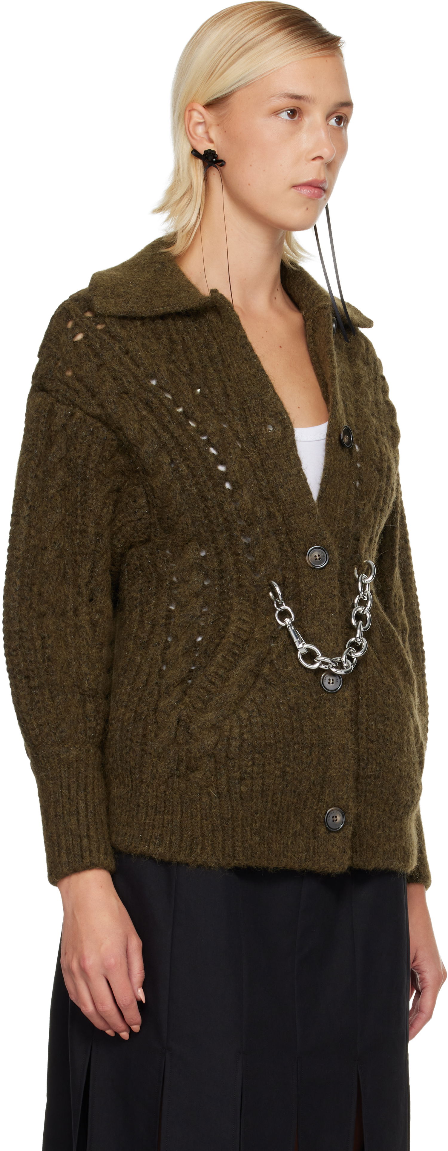 Пуловер Simone Rocha Simone Rocha Sculpted Chunky Knit Chain Detail Cardigan Зелено | MZMK1E 0665, 1