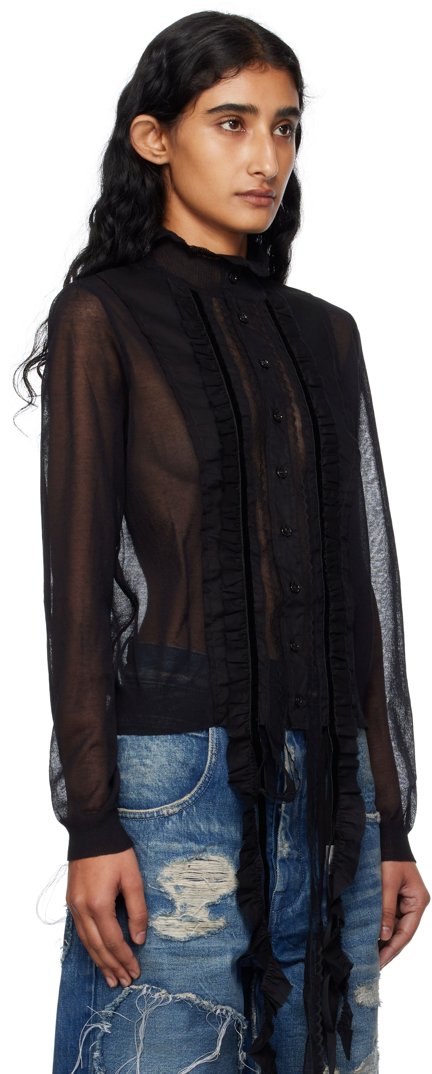 Риза Ann Demeulemeester Ann Demeulemeester Monya Sheer Ruffle Blouse Черно | B0012852-KN008-099, 1