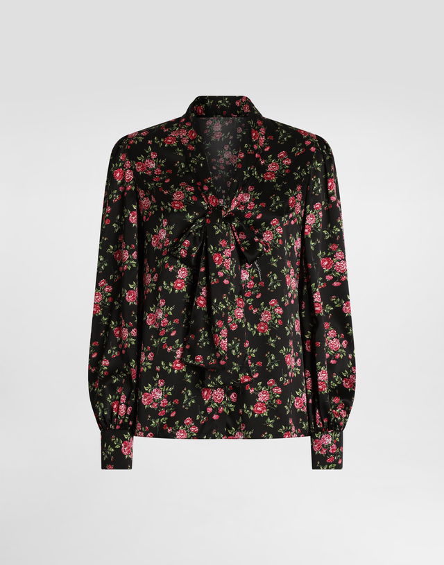 Dolce & Gabbana Small Rose Bouquet-print Satin Pussy-bow Shirt