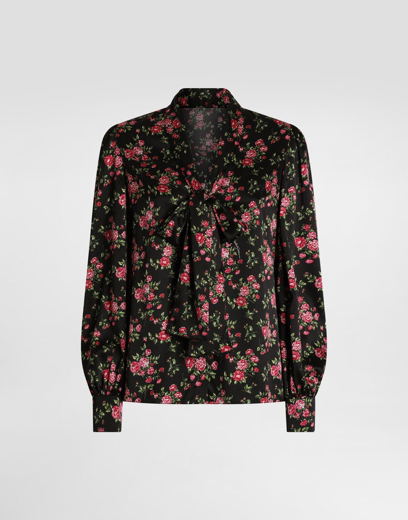 Риза Dolce & Gabbana Dolce & Gabbana Small Rose Bouquet-print Satin Pussy-bow Shirt Черно | F5T17TFSA8GHN5XP