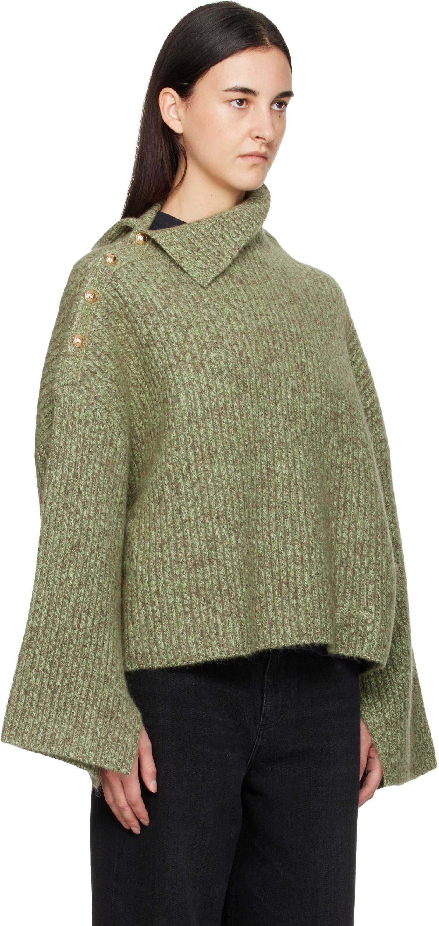 Пуловер GANNI Mohair Rib Knit Sweater with Asymmetric Collar and Shoulder Buttons Зелено | K2556, 1