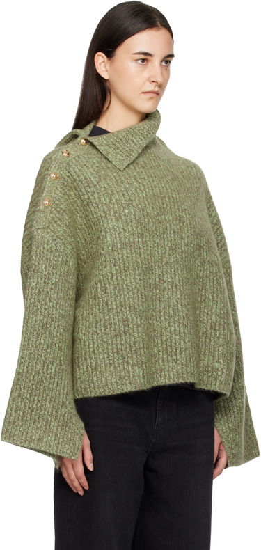 Пуловер GANNI Mohair Rib Knit Sweater with Asymmetric Collar and Shoulder Buttons Зелено | K2556, 1